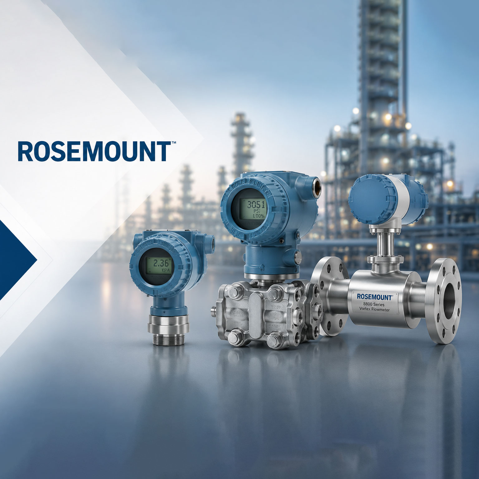 تصویر برند Rosemount همراه با تجهیزات اندازه‌گیری و کنترل فرآیند در محیط صنعتی